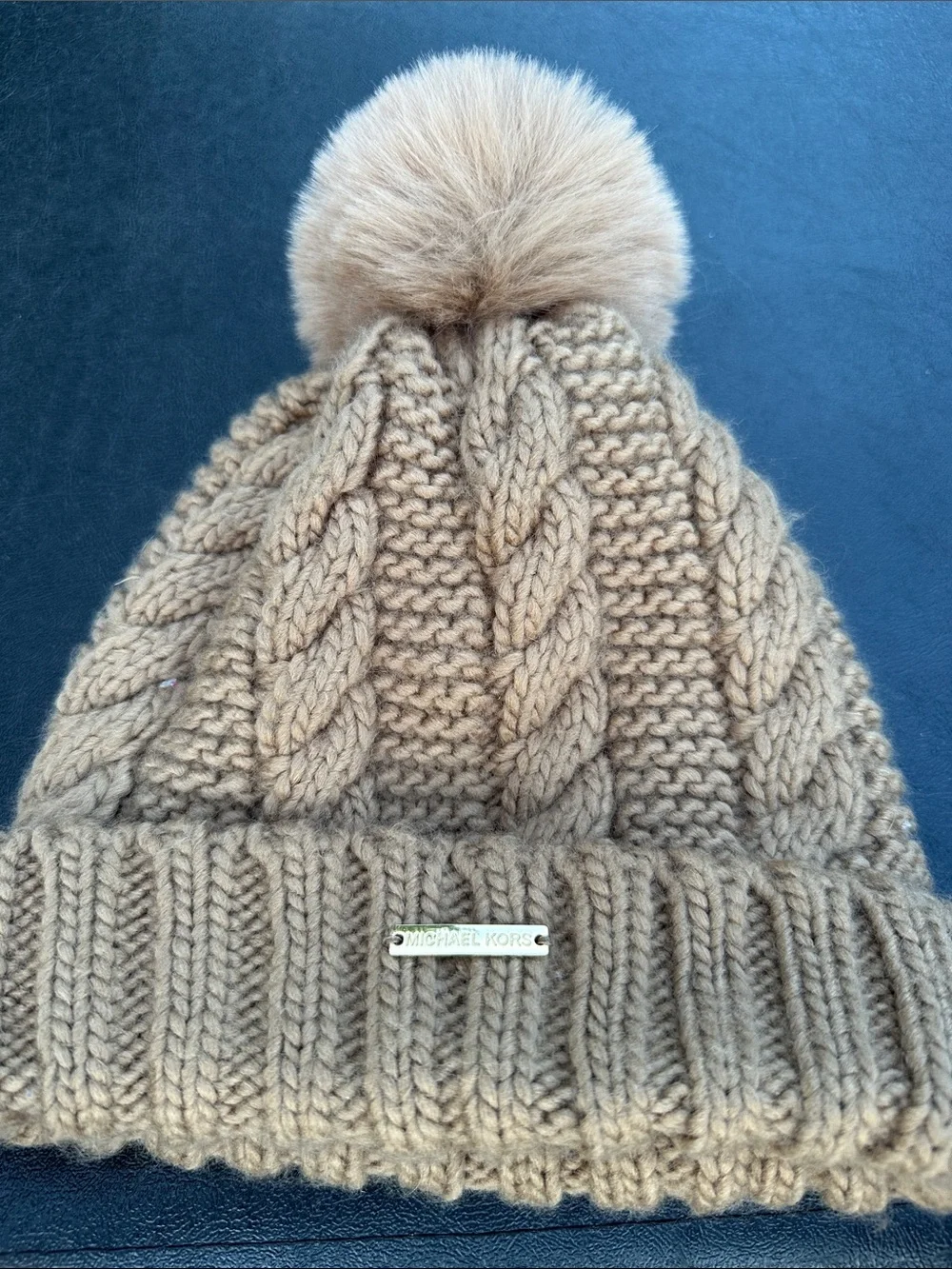 Michael Kors Kids Cable Knit Pom Beanie in Camel